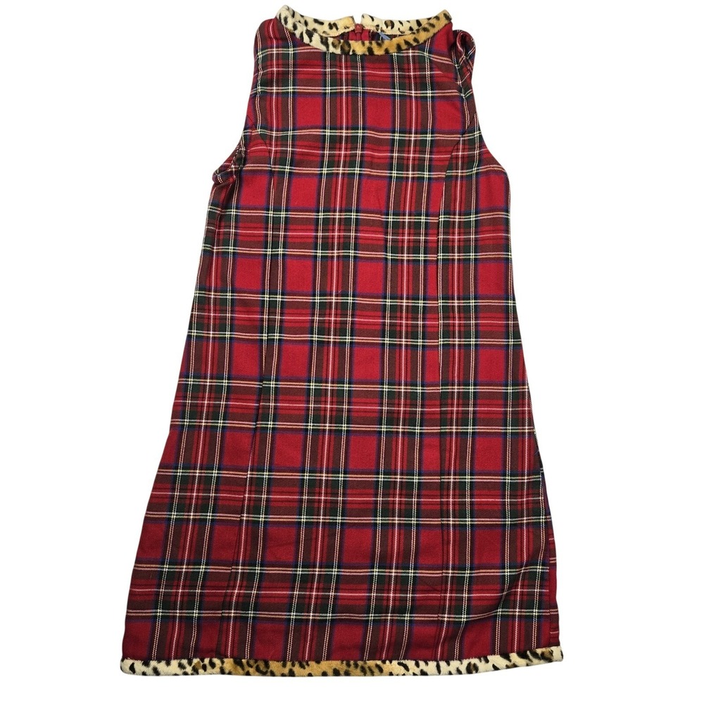 The Children's Place Girls Plaid Sleeveless Holiday Dress Size 8 w/ Leopard Trim